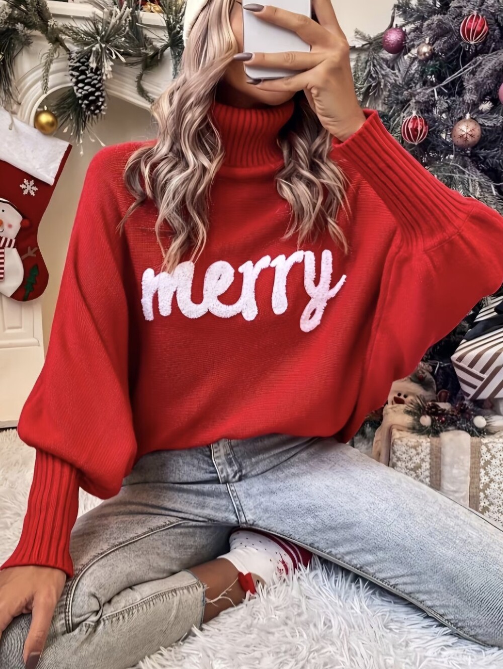 Merry Christmas High Collar Loose Bat Sleeve Letter Sweater Women's Top
